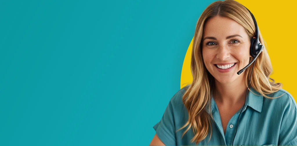 Professional receptionist with headset smiling, with a June 2026 calendar highlighting the EOFY offer deadline for OfficeHQ's business answering service $30 signup bonus