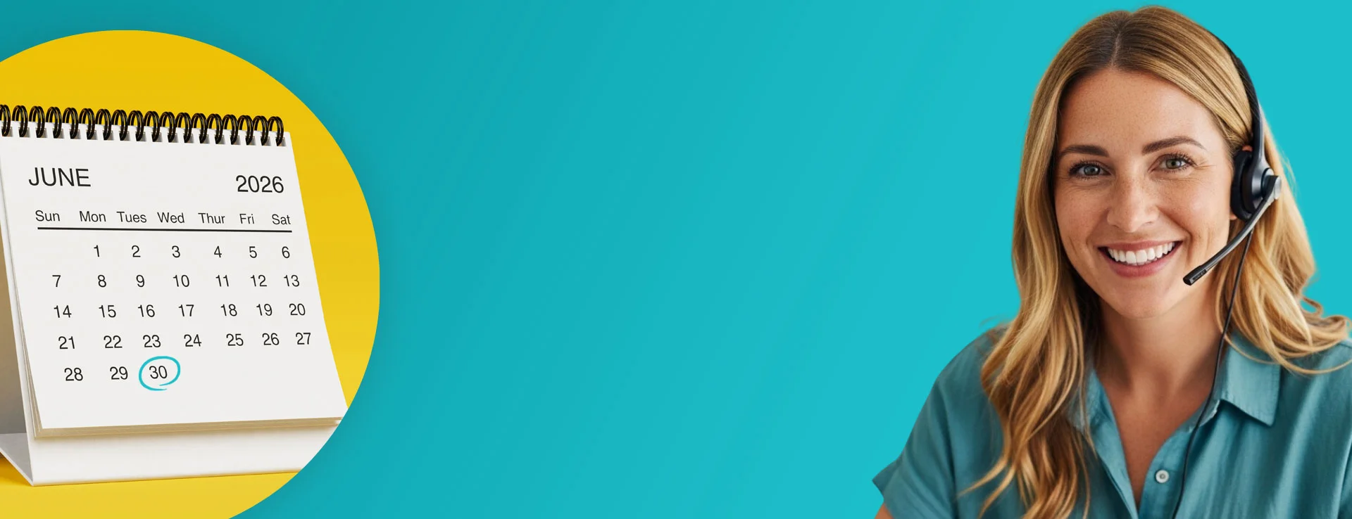 Professional receptionist with headset smiling, with a June 2026 calendar highlighting the EOFY offer deadline for OfficeHQ's business answering service $30 signup bonus