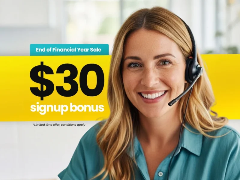 Live answering service pricing with end of financial year sale offering 30 dollar signup for Australian businesses