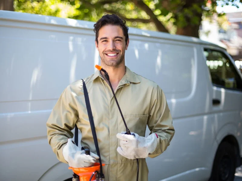 Pest control technician on the phone with a 24/7 answering service handling an urgent termite call in Australia
