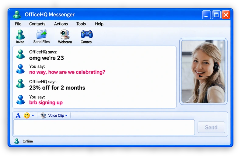 OfficeHQ Messenger chat showing our 23rd birthday sale